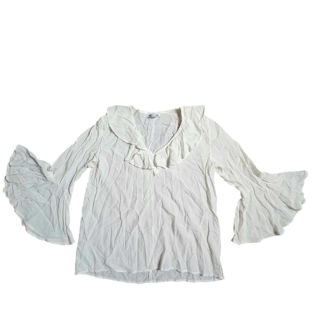 Sarah Stewart Silk Handmade Ruffle V-Neck Bell Sleeve Blouse S Wardrobe Staple